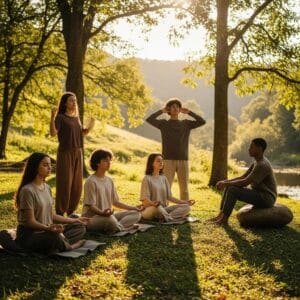Teenagers practicing mindfulness techniques in a tranquil outdoor setting