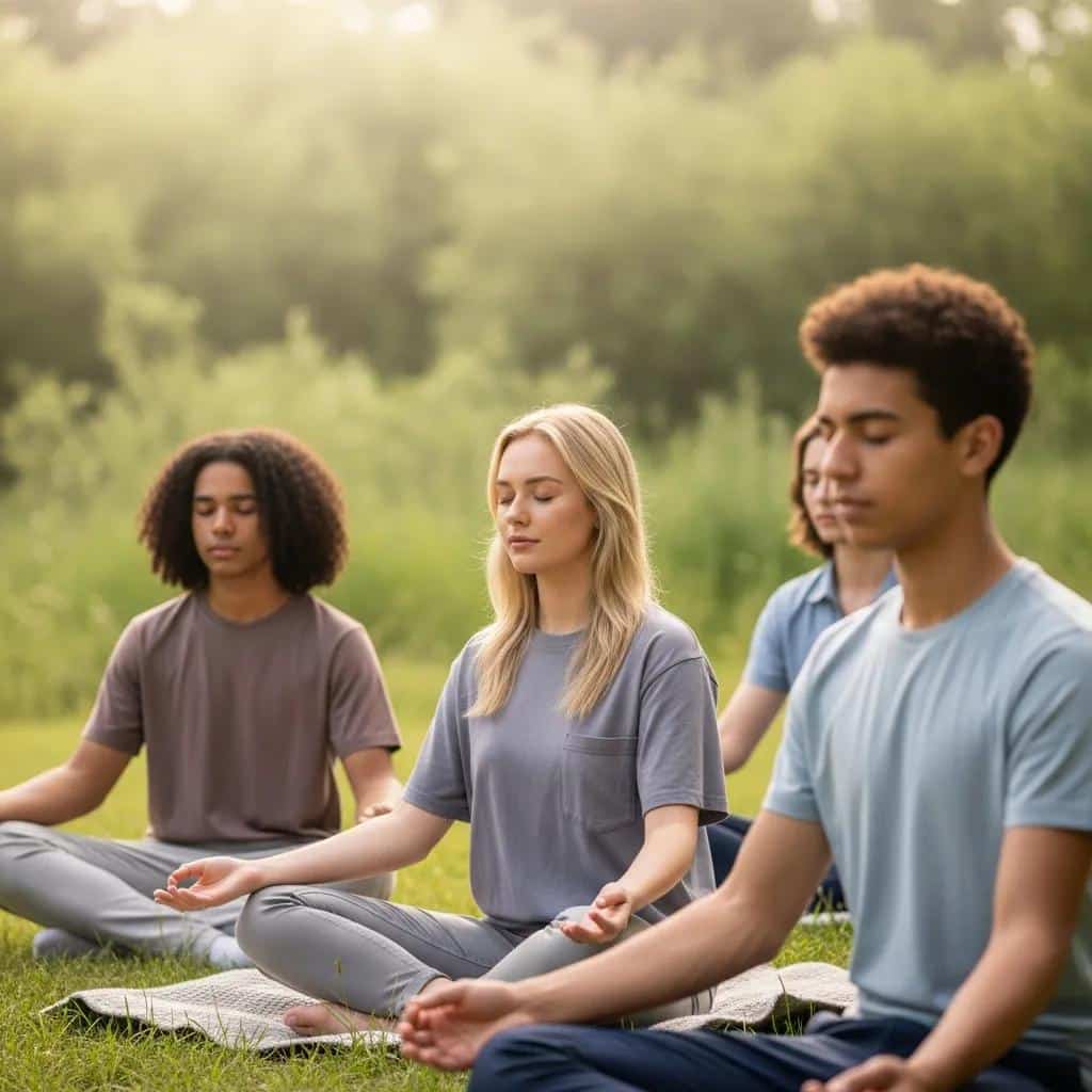 Teenagers practicing mindfulness therapy in a serene outdoor setting, promoting mental health and emotional well-being