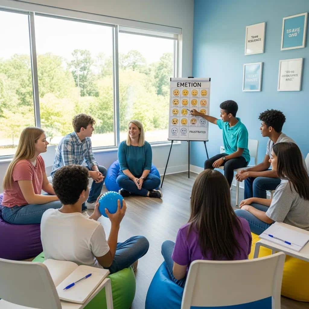 Teens participating in DBT skills training, focusing on emotional regulation and mindfulness