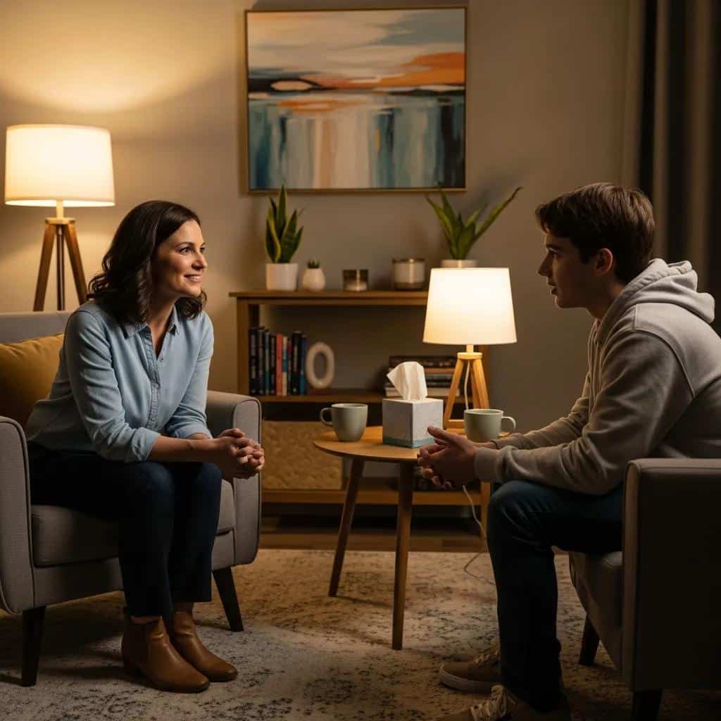 Therapist and high-conflict teen in a supportive therapy session, emphasizing emotional regulation