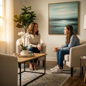 Therapist and teenager in a cozy office discussing cognitive behavioral therapy techniques