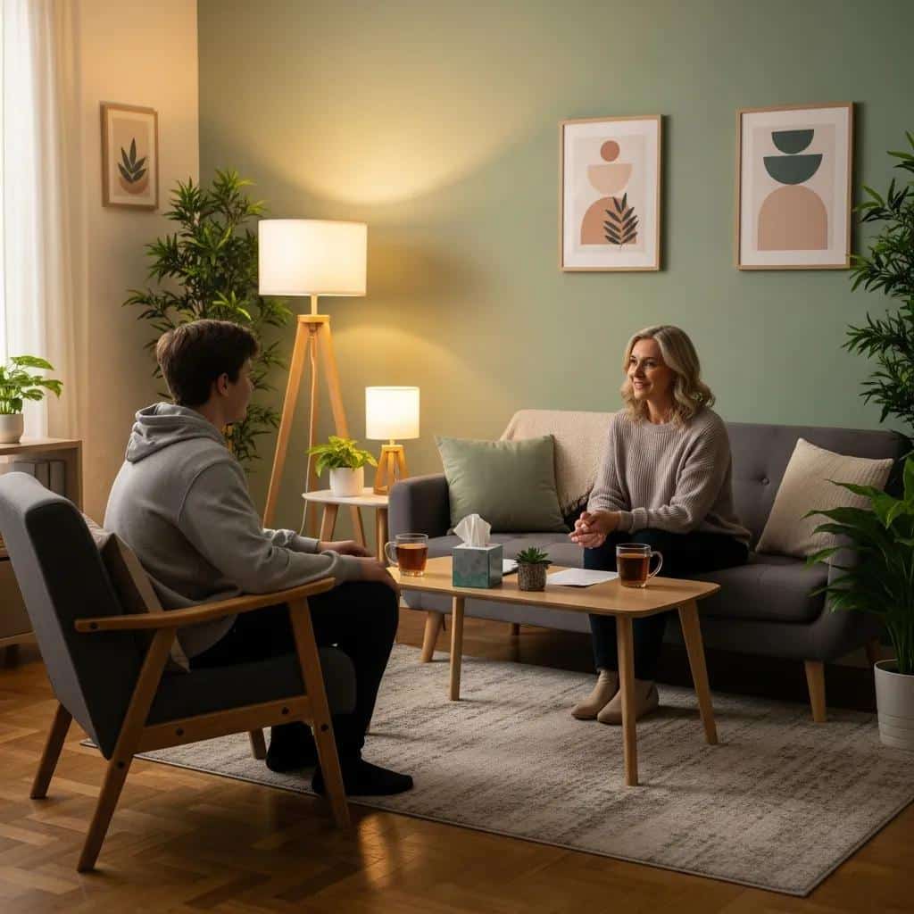 Therapist and teenager in a supportive therapy session, highlighting the therapeutic alliance in mental health