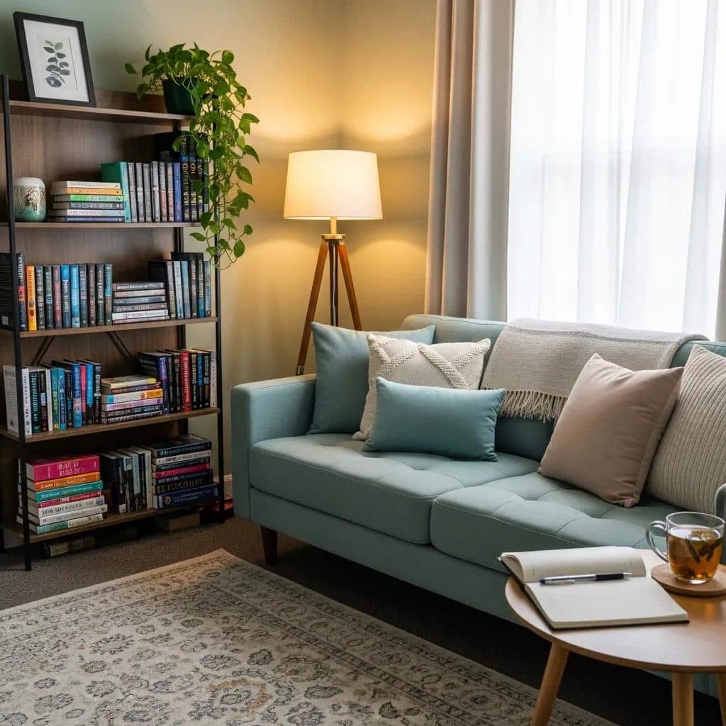 Therapist's office with cozy decor, symbolizing support for adolescent mental health