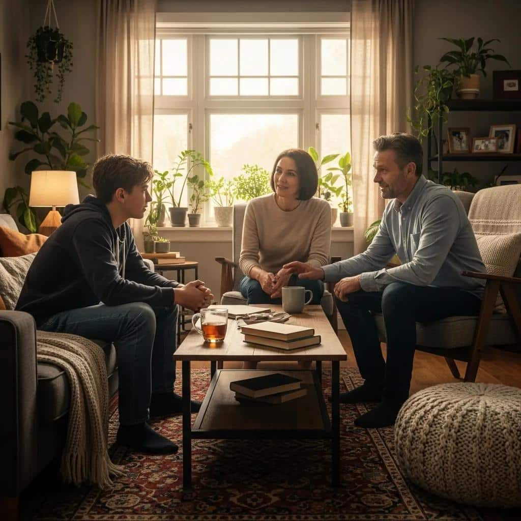 Family discussing behavioral treatment options for a defiant teenager in a cozy living room