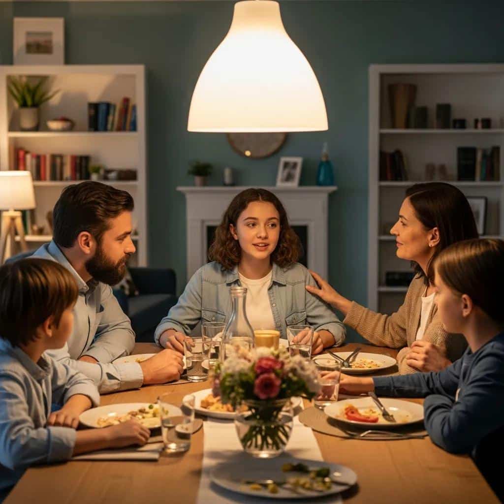Family discussing mental health support strategies for their teenager