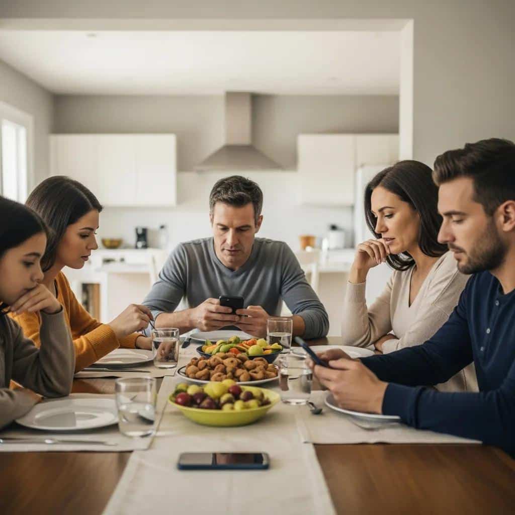 Family discussing social media use at a dining table, highlighting the impact of family dynamics on teen behavior