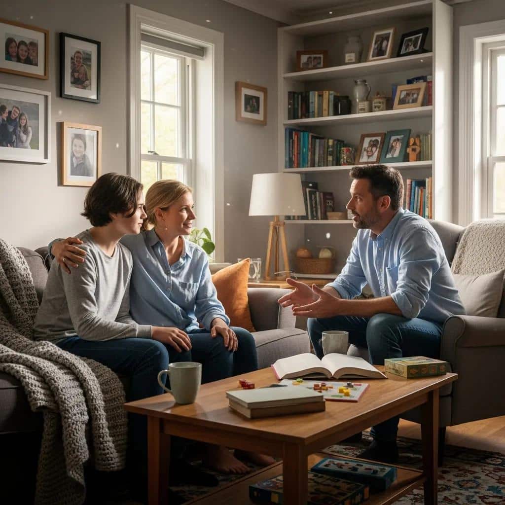 Family engaged in supportive conversation, highlighting the role of family support in DBT for teens