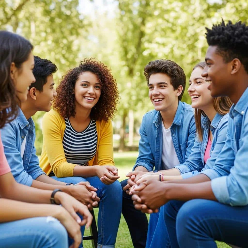 Group of diverse teenagers communicating joyfully in a park, emphasizing effective communication skills