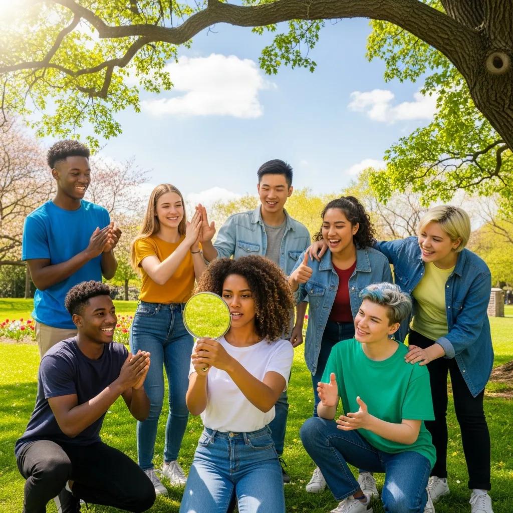 Group of diverse teenagers practicing positive affirmations in a sunny park, promoting self-esteem and emotional resilience