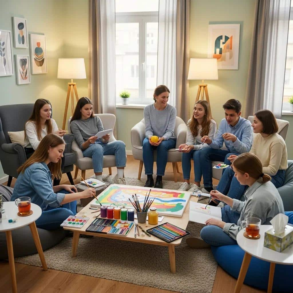 Group of teenagers participating in therapy activities, highlighting emotional support and mental health