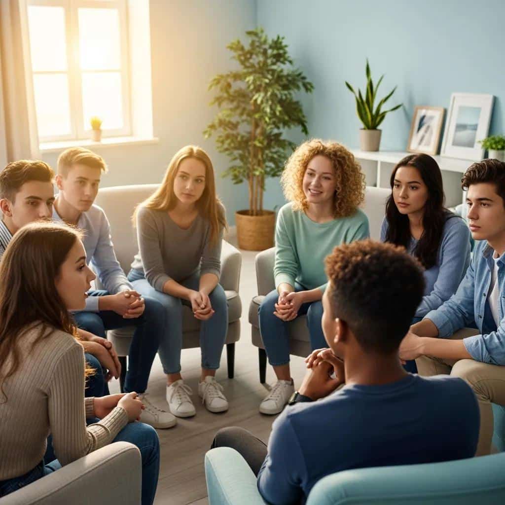 Group of teens in a supportive therapy session illustrating radical acceptance and emotional growth