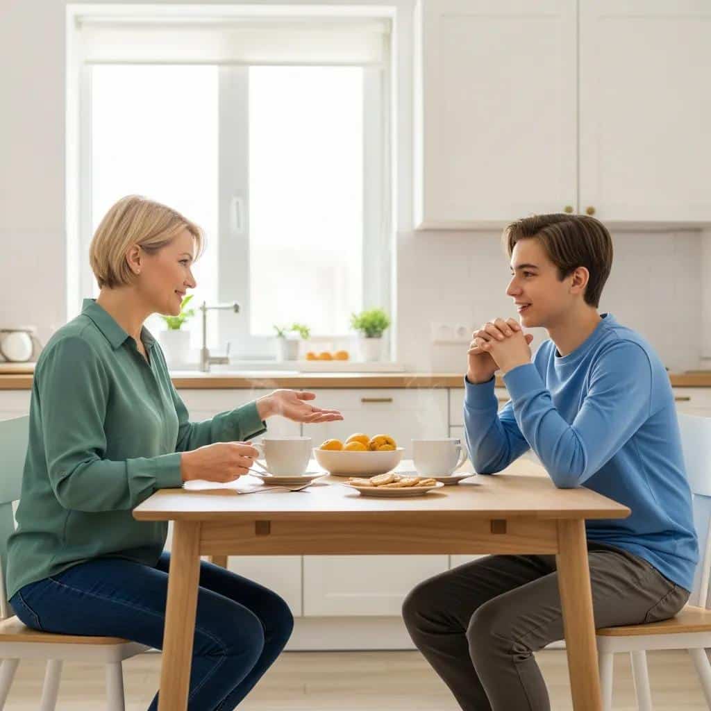 Parent and teenager engaged in a meaningful conversation at a kitchen table, highlighting parenting strategies for communication