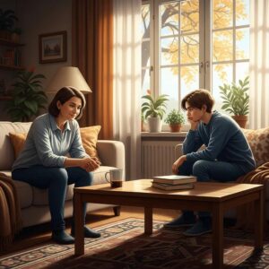 Parent and teenager in a cozy living room, illustrating the importance of communication in recognizing toxic behavior