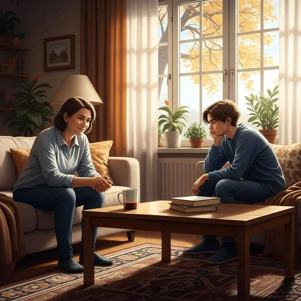 Parent and teenager in a cozy living room, illustrating the importance of communication in recognizing toxic behavior