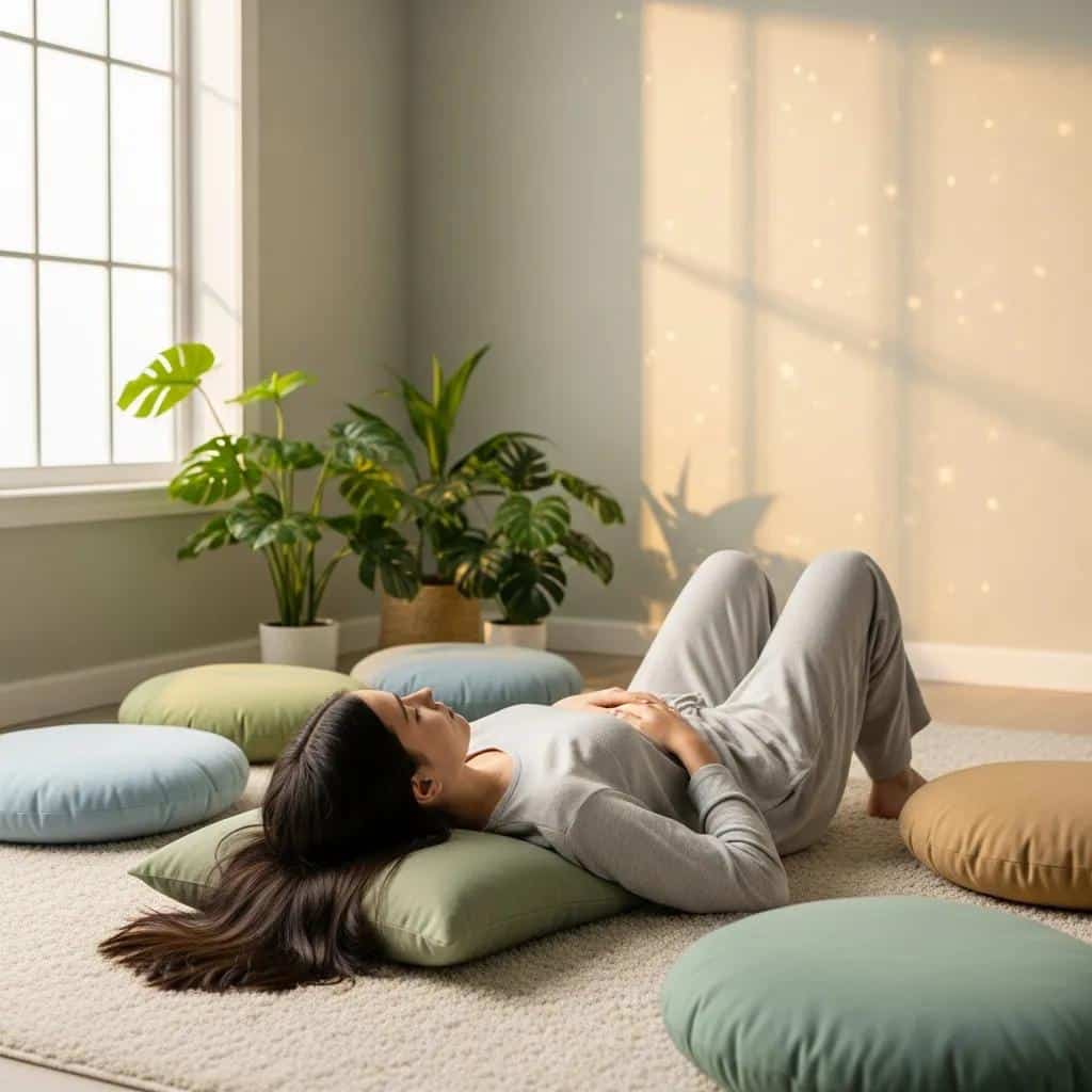 Teen engaged in body scan meditation in a serene indoor setting