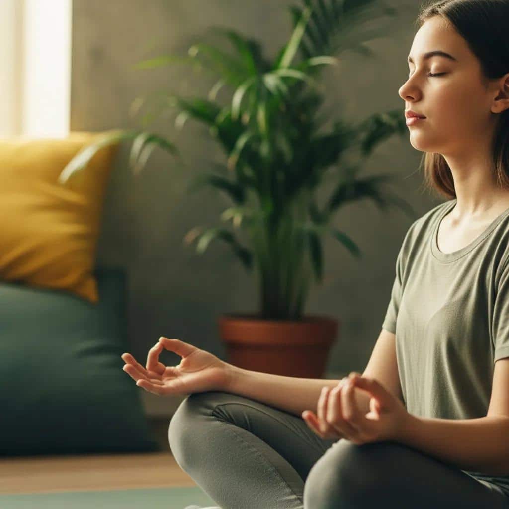 Teen practicing deep breathing techniques in a cozy indoor environment