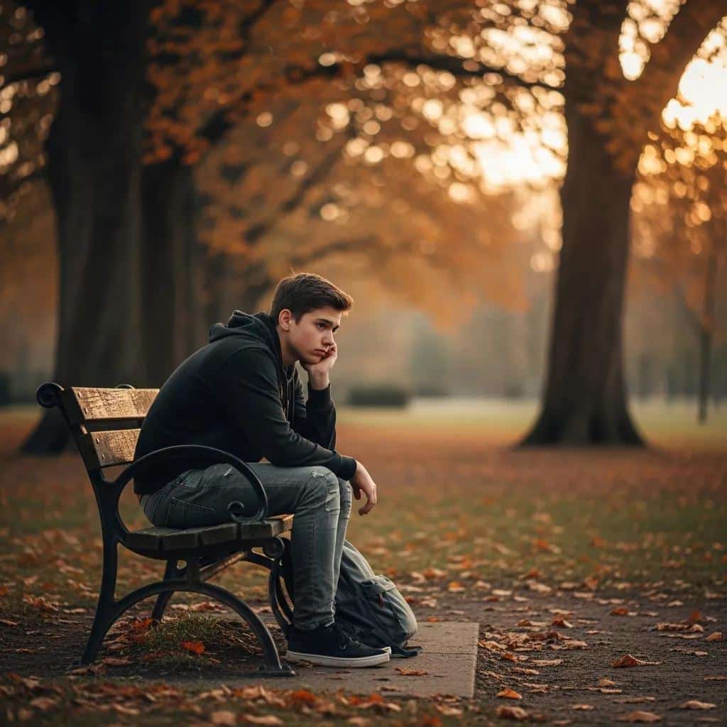 Teenager in a park reflecting on mental health challenges like anxiety and depression
