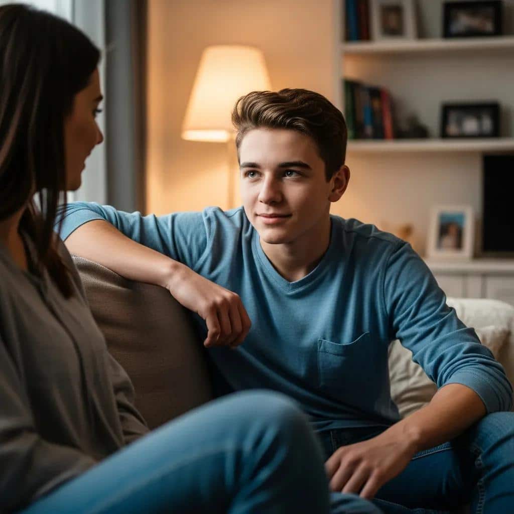 Teenager practicing active listening with a friend in a cozy home setting, illustrating communication techniques
