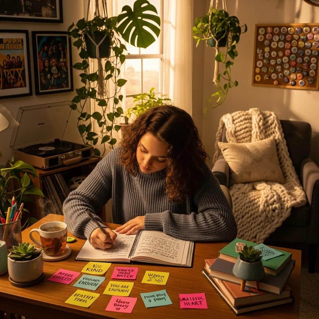 Teenager practicing gratitude journaling with positive affirmations in a cozy indoor setting