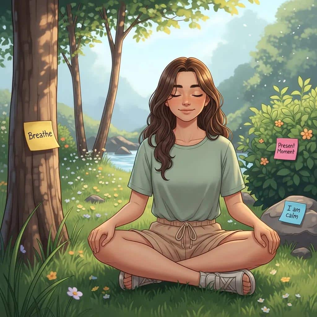 Teenager practicing mindfulness outdoors with visual reminders of positive affirmations, promoting mental wellness