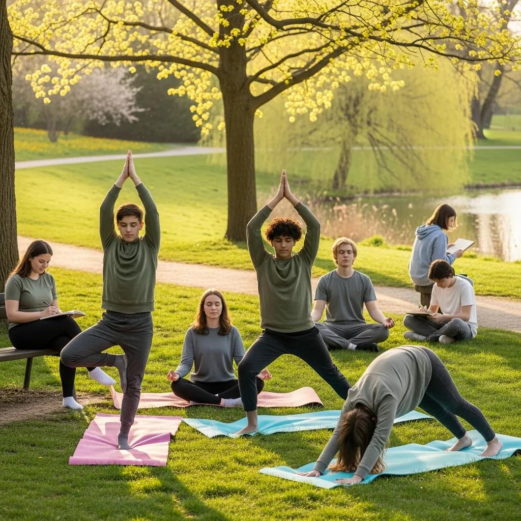 Teens practicing mindfulness activities in a peaceful outdoor setting
