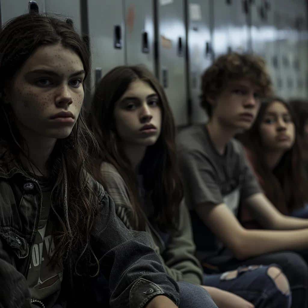 Group of teenagers in a school setting, highlighting signs of withdrawal and emotional distress