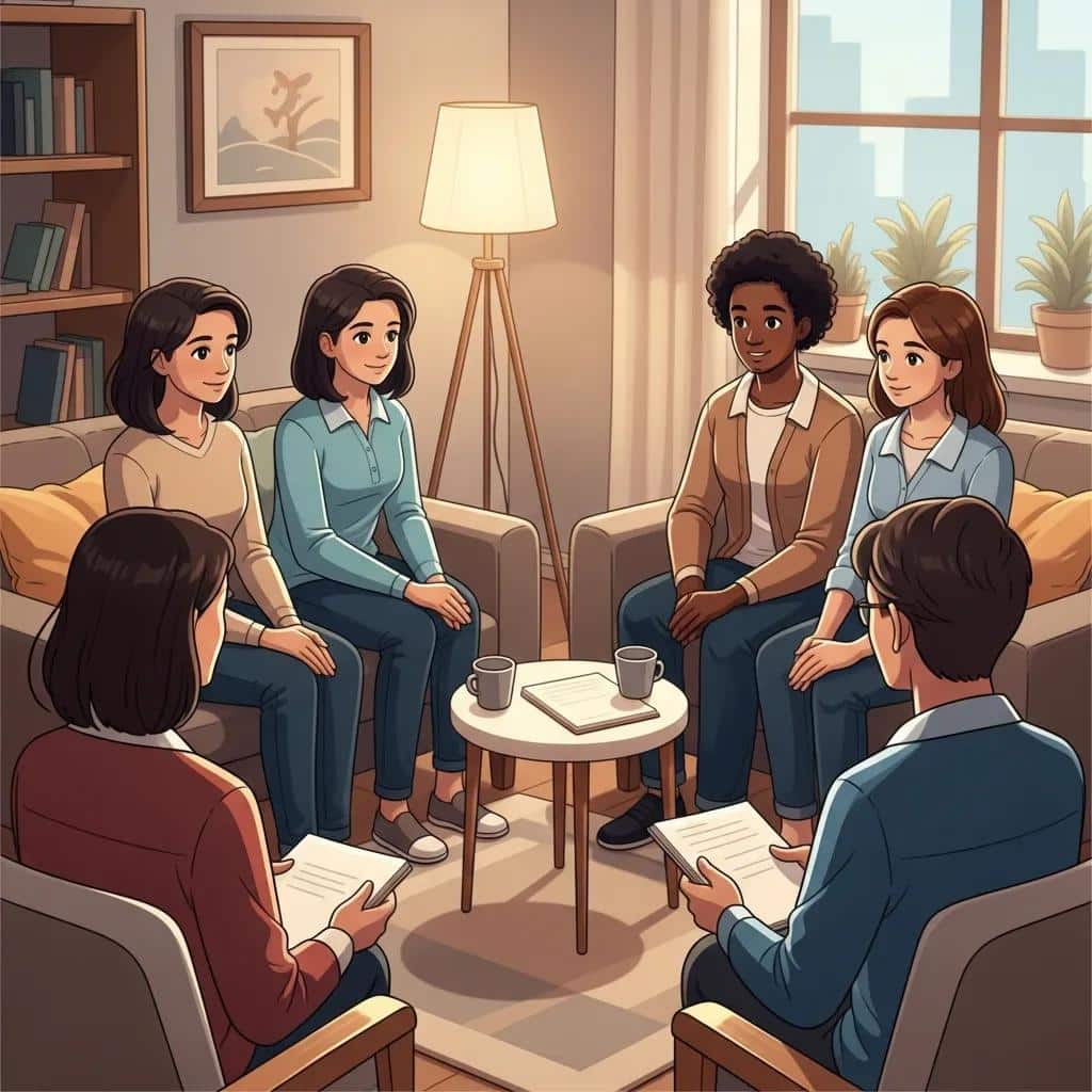 Blended family counseling session with diverse family members and a therapist in a supportive environment