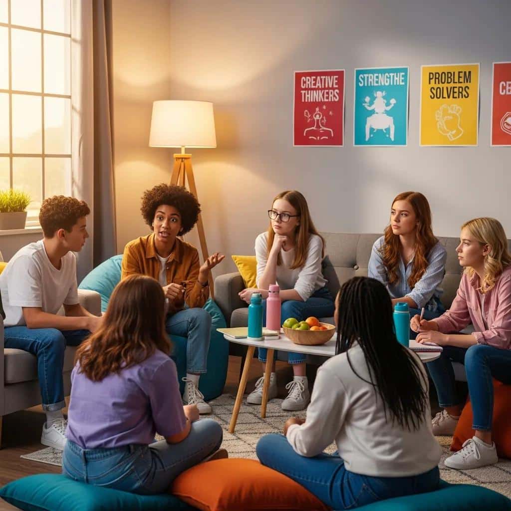 Diverse teenagers discussing ADHD in a supportive environment