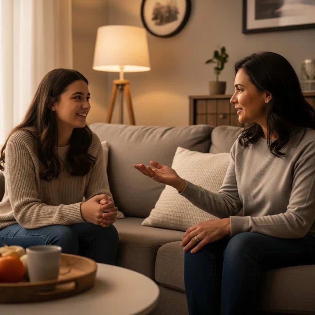 Family discussing mental health support for teens with BPD in a cozy living room