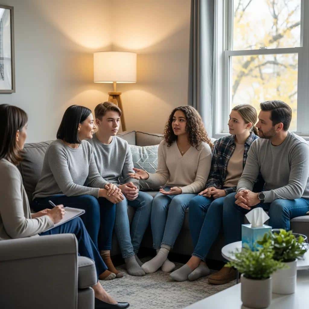 Family engaged in a therapy session, illustrating the benefits of family involvement in adolescent treatment