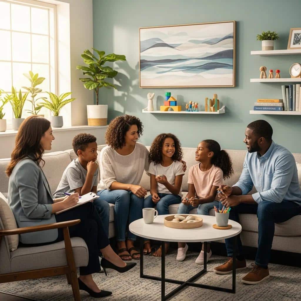 Family engaged in a therapy session, illustrating the benefits of family involvement in Attachment Based Therapy outcomes