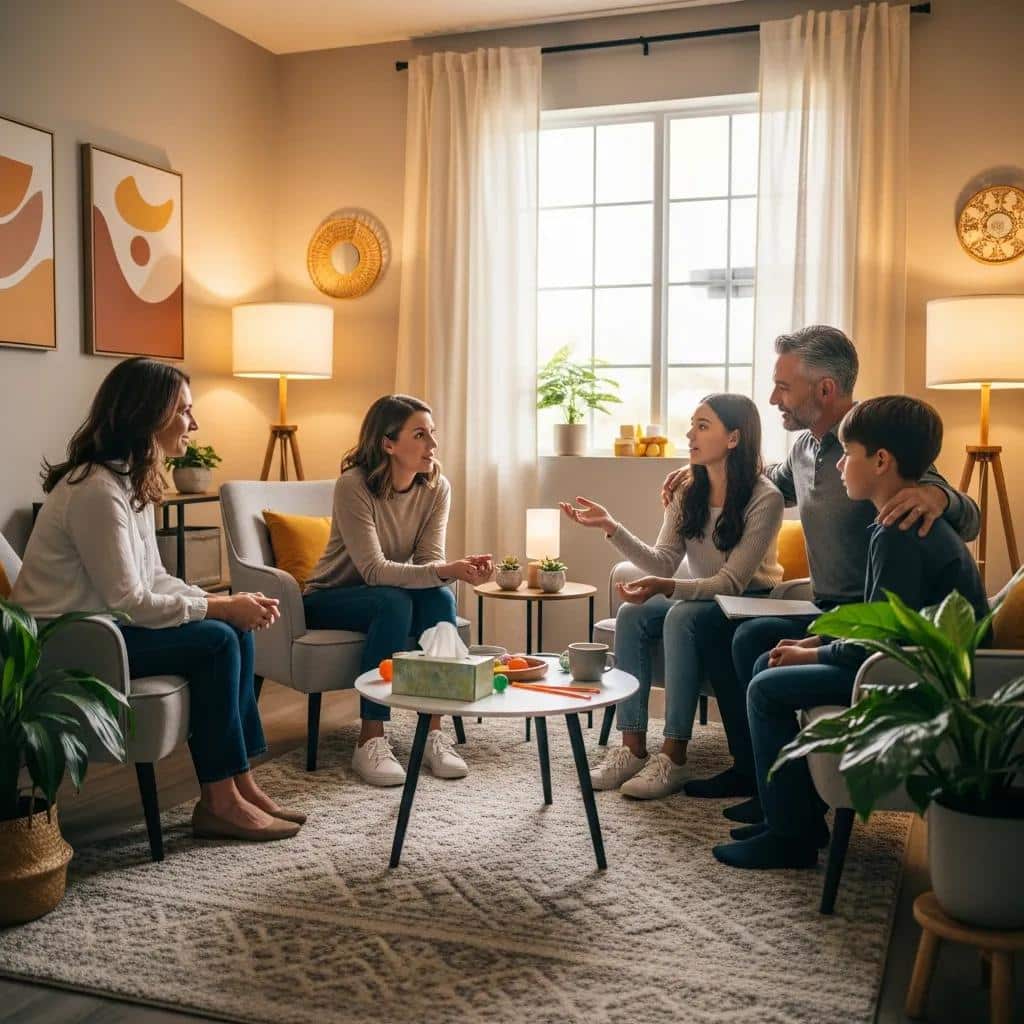 Family engaged in a therapy session, improving communication and understanding