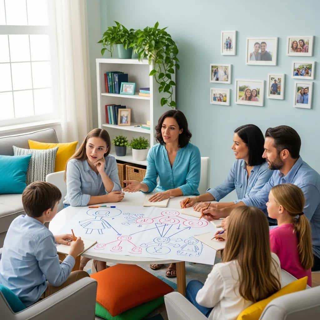 Family therapist guiding a blended family through family integration therapy with visual aids
