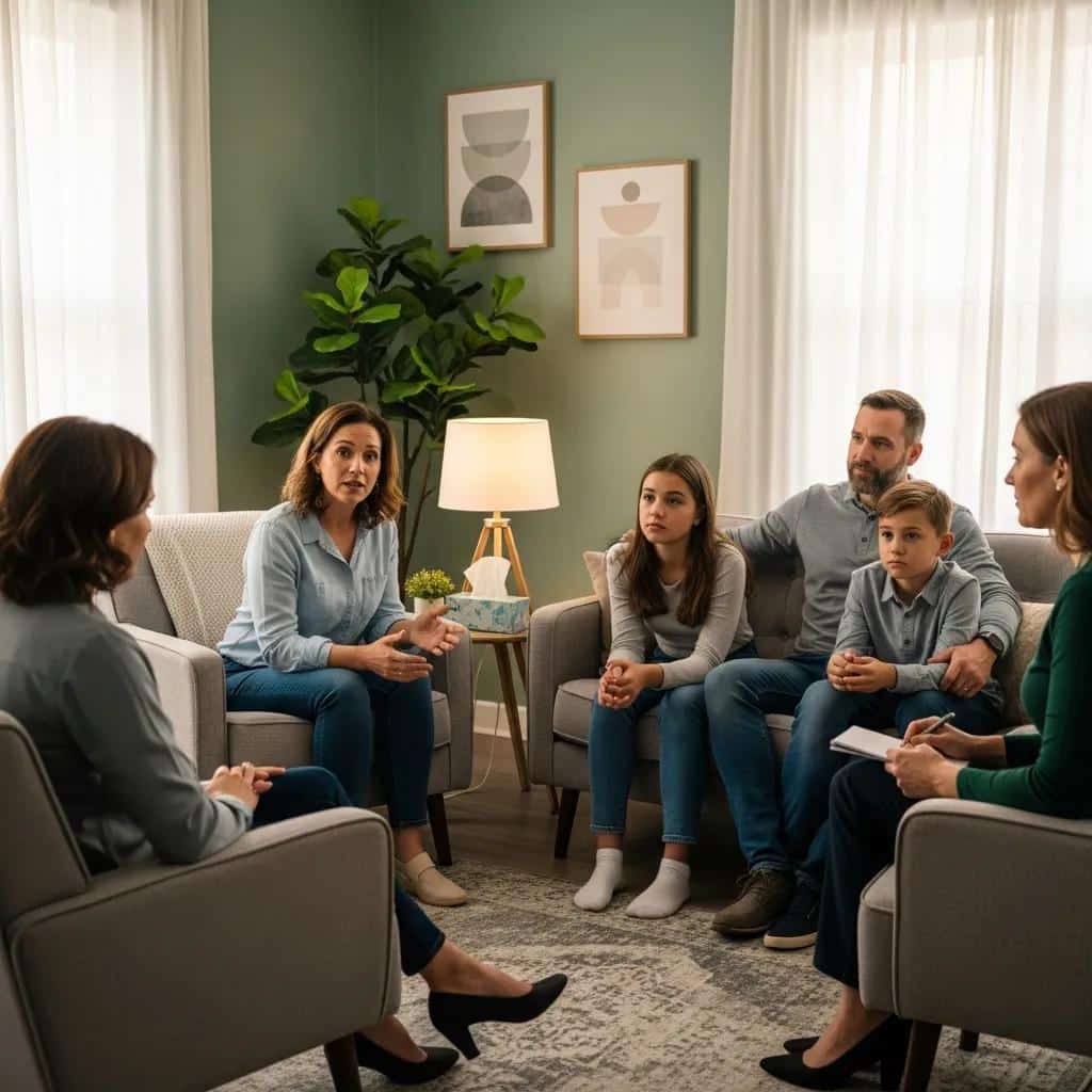 Family therapy session with a therapist and family members discussing emotional challenges and support
