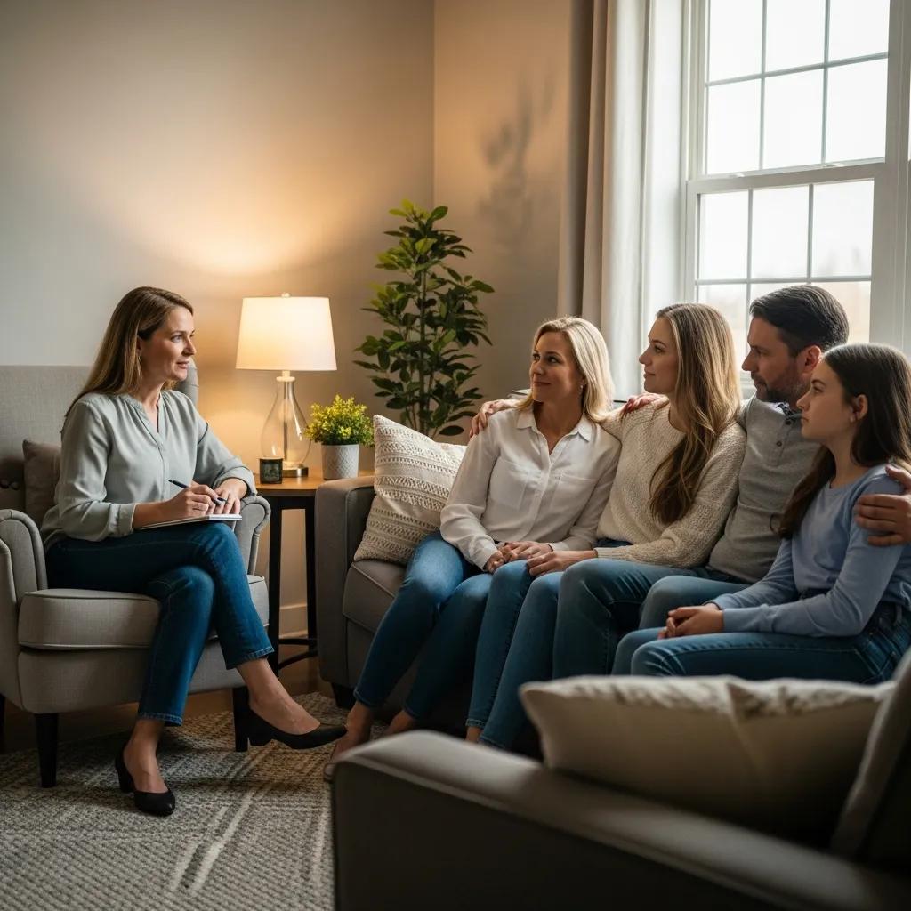 Family therapy session with a therapist guiding family members