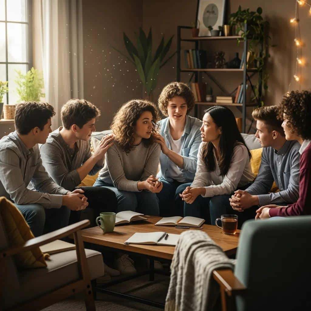 Group of diverse teenagers in a supportive conversation, emphasizing emotional connection and understanding