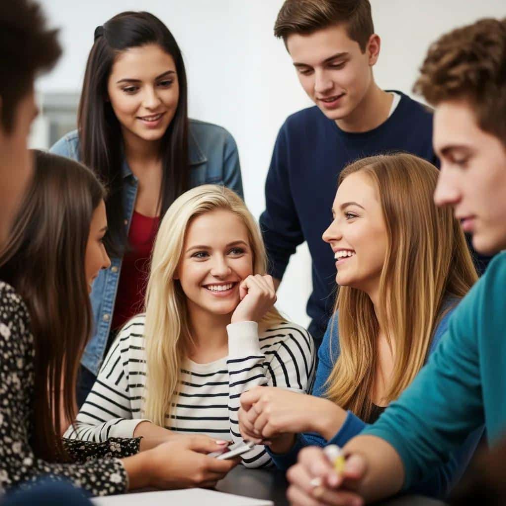 Group of teenagers interacting, showcasing adolescent social dynamics and self-awareness