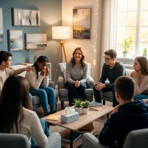 Group therapy session for teens in a supportive environment
