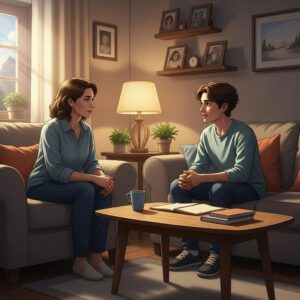 Parent and teenager discussing behavioral challenges in a supportive home environment