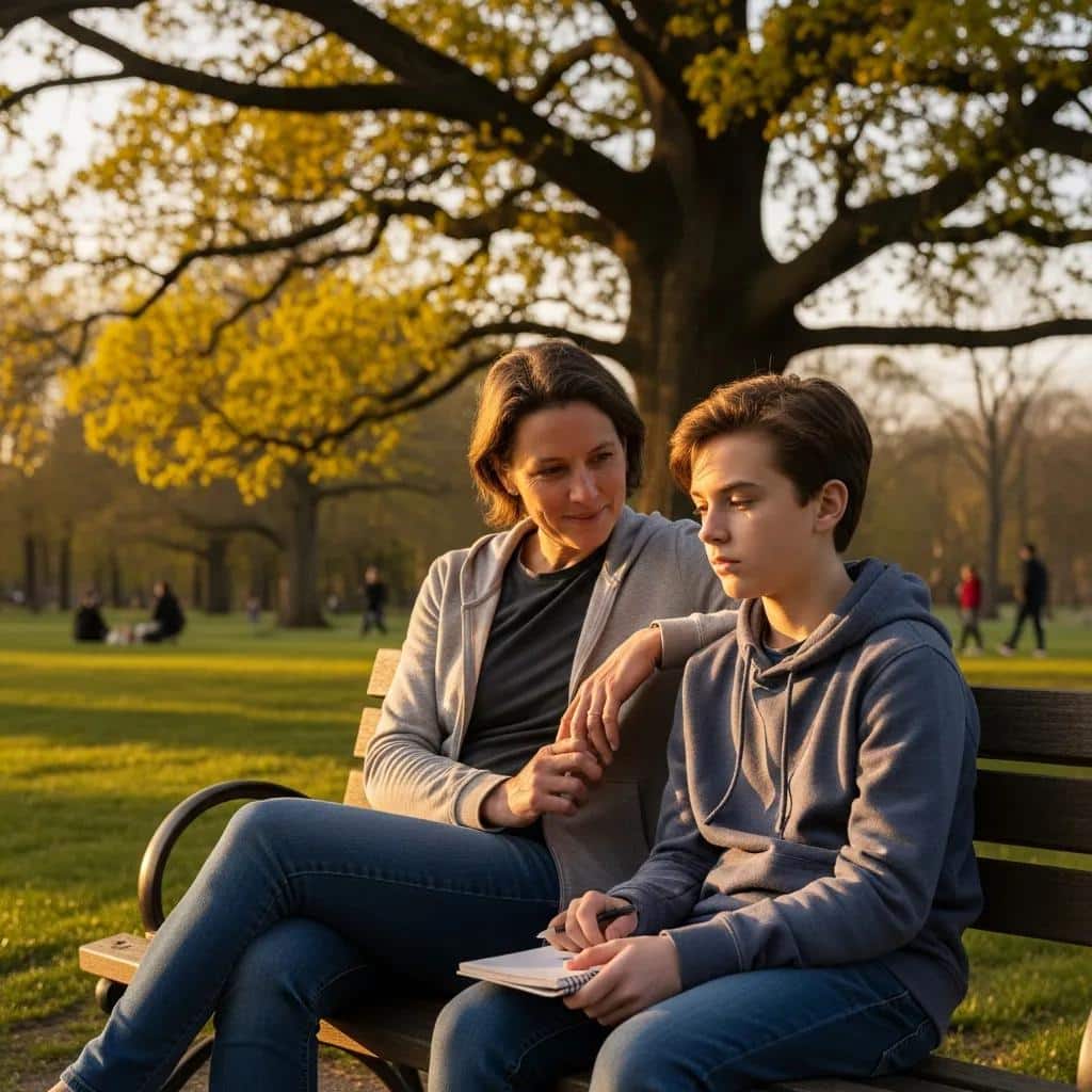Parent and teenager discussing feelings in a park, highlighting the importance of secure attachments in adolescent development