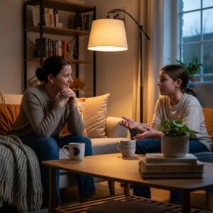 Parent and teenager having a supportive conversation in a cozy living room