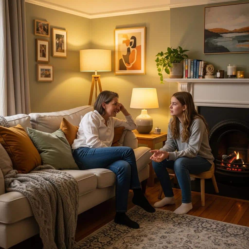 Parent and teenager having a supportive conversation in a cozy living room, emphasizing emotional support