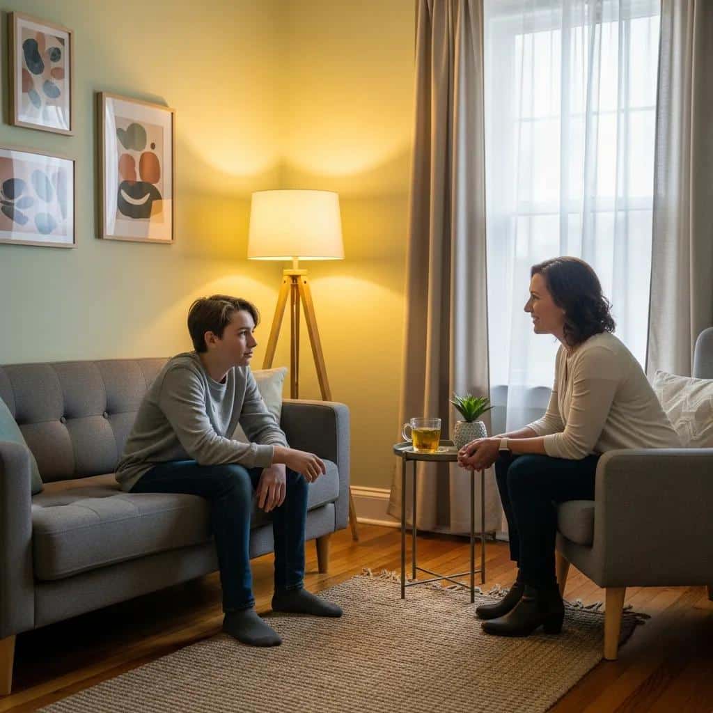 Teenager and mental health professional in a supportive therapy session, emphasizing emotional connection