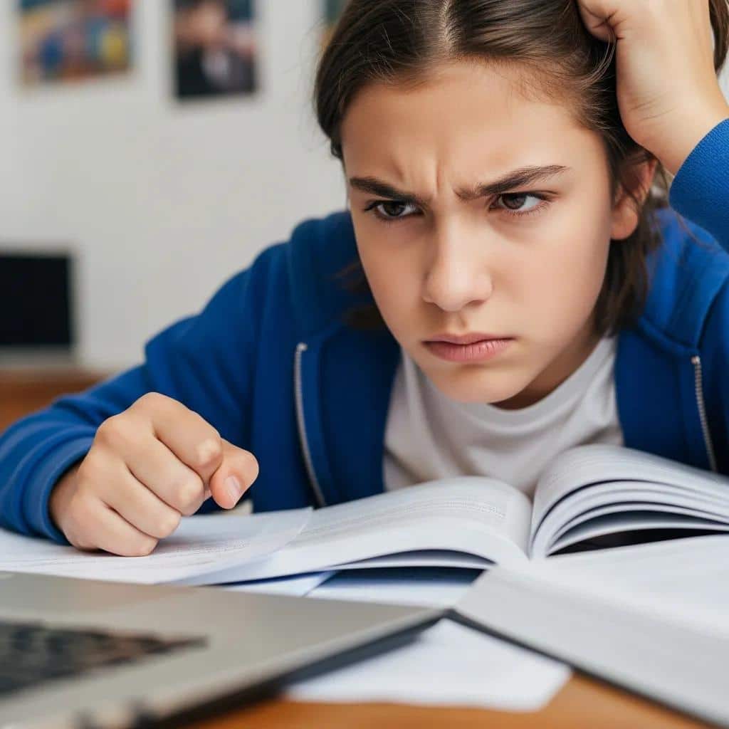 Teenager experiencing frustration while doing homework, illustrating symptoms of Oppositional Defiance Disorder