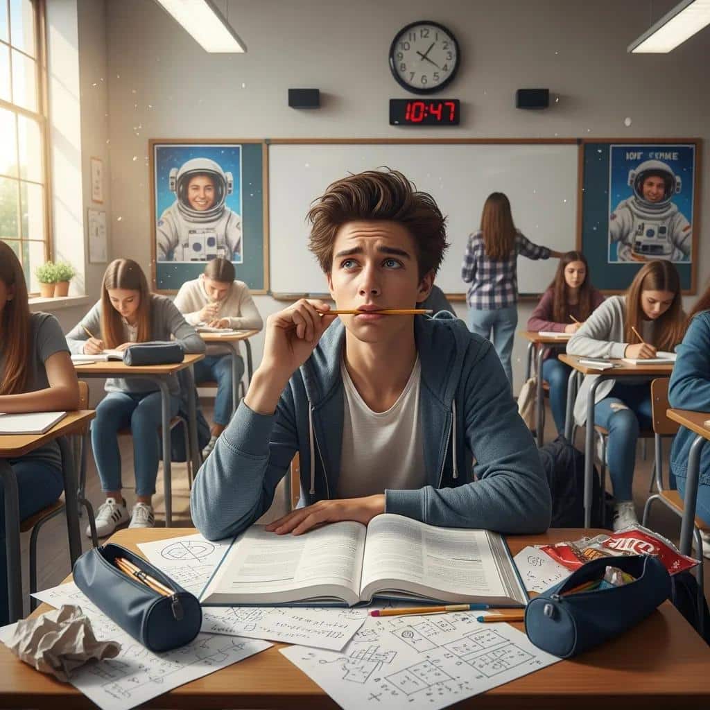 Teenager in a classroom struggling with ADHD symptoms