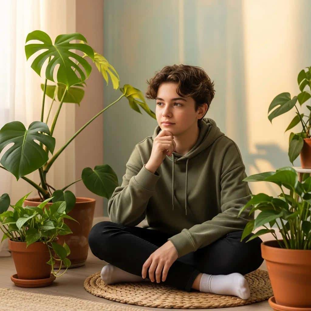 Teenager reflecting on emotions in a serene environment, highlighting the impact of mental health on behavior