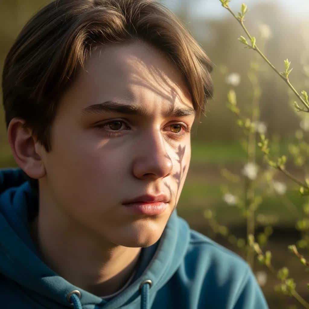 Teenager reflecting on emotions in a serene outdoor setting, representing BPD symptoms