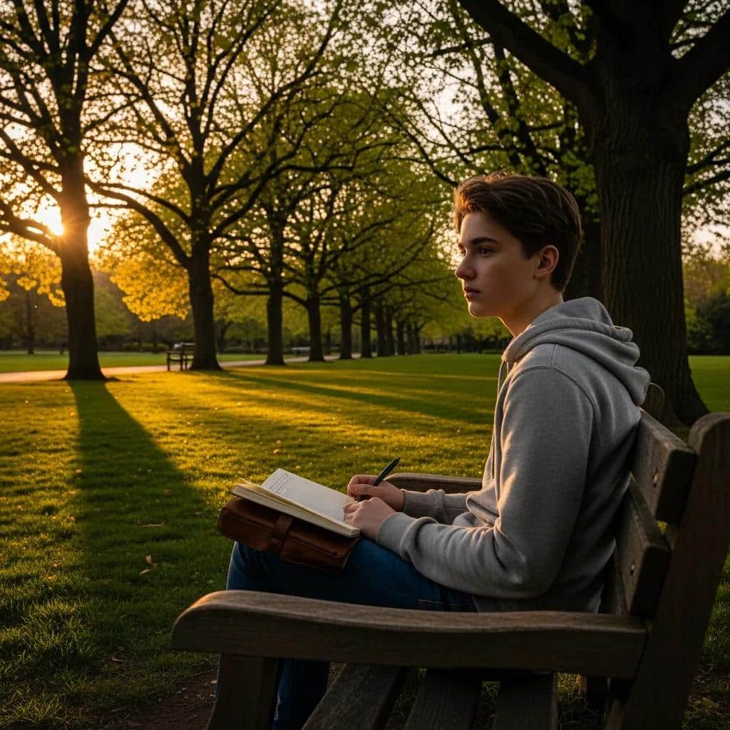 Teenager reflecting on mental health while sitting alone in a park