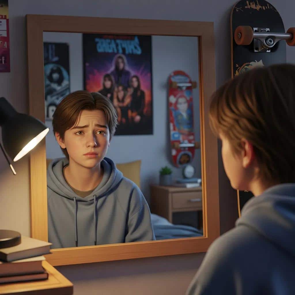 Teenager reflecting on their appearance in a mirror, symbolizing self-consciousness and egocentrism