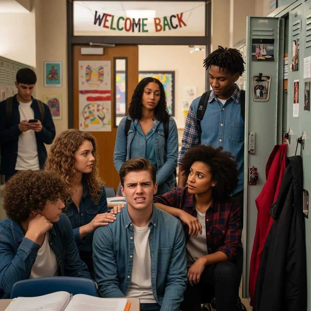 Teenagers interacting in a school environment, illustrating social influences on Oppositional Defiance Disorder